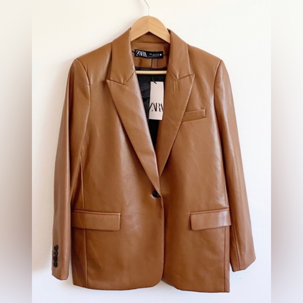 Zara Faux Leather Blazer in Camel